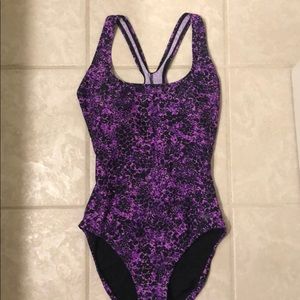 Purple and black one piece swim suit